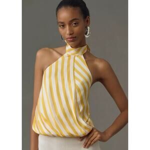 Anthropologie MAEVE Halter Scarf Bubble-Hem Tank Yellow Stripe Motif L NWT $78
